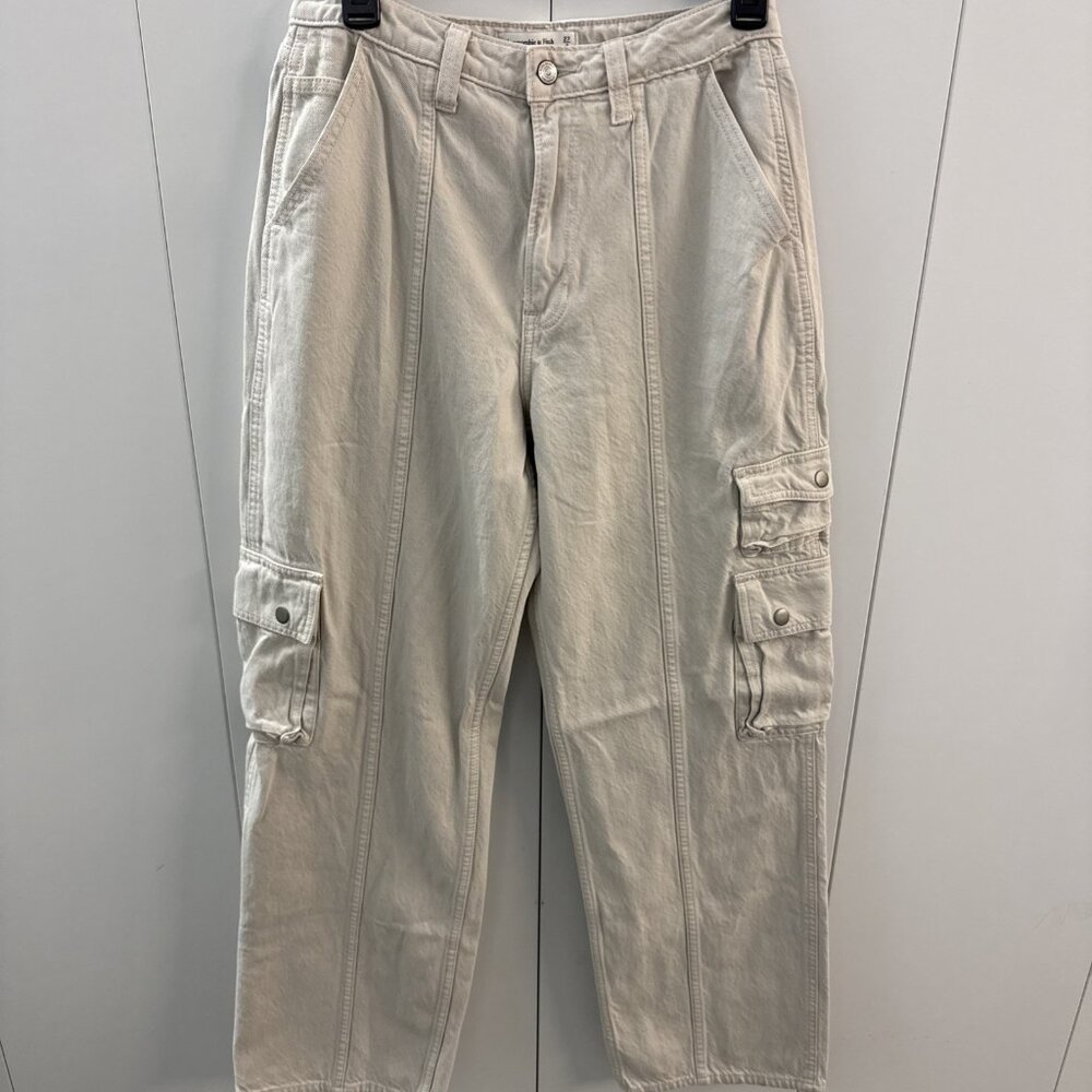 Abercrombie & Fitch Womens Cargo Pants 27/4L Loose High Rise Ivory Y2K Wide Leg